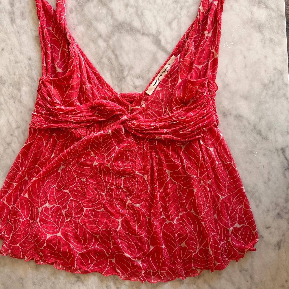 Diane von Furstenberg 100% Silk Red Leaf Tank with Ruching, Size Medium (M)